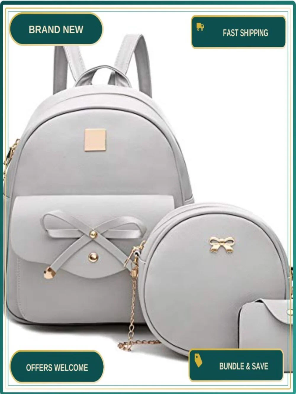 Faux Leather Bowknot 3-Piece Backpack Purse for Women Ladies Rucksack